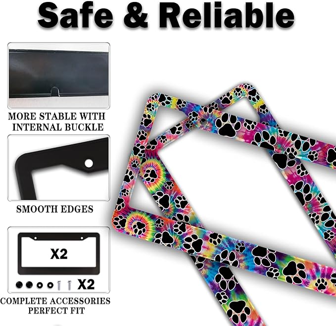 License Plate Cover for Men Multicolor License Plate Frames for Women Tie Dye Paw Print Aluminum Metal Car Accessory 2 Pack with Screw Covers Set