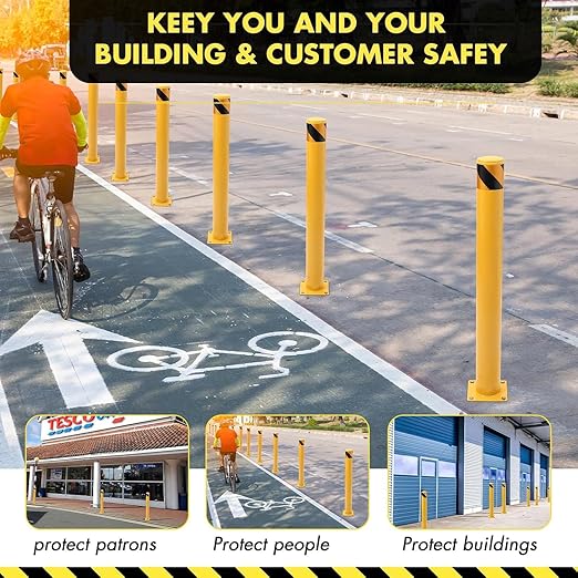 4 Pack Safety Bollard Post, 48 Inch Height 4.5 Inch Diameter Yellow Pipe Safety Steel Bollards with Anchor Bolts and Wrench, Steel Bollards for Road Warning Construction Traffic Control