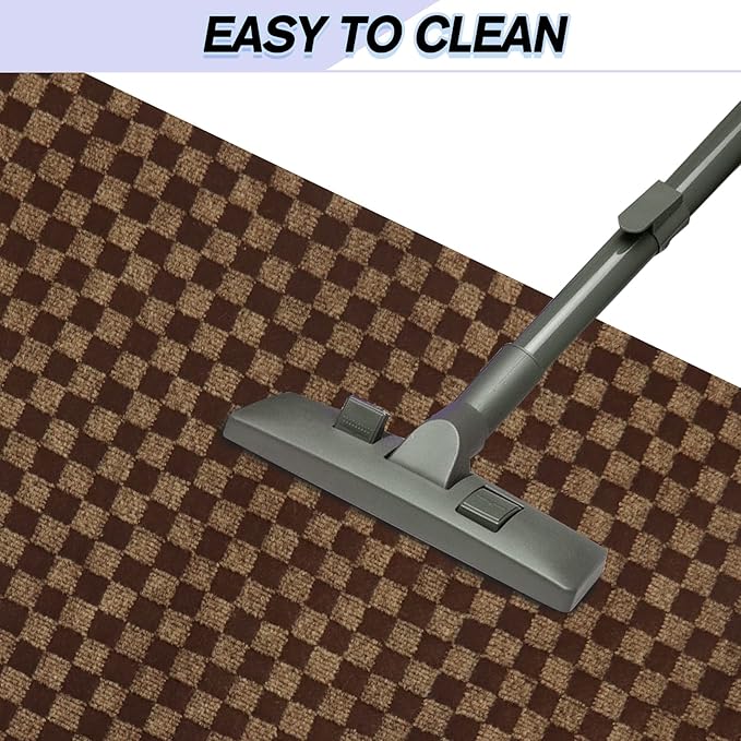 Custom Size Backed Non-Slip Area Rugs Runner, Easy Clean, Waterproof Runner Rugs for Hallway Entryway, Kitchen, Laundry, 3FT x 44FT, Brown Checkered