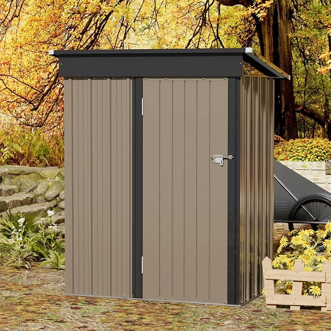 JUMMICO Metal Outdoor Storage Shed 5 x 3 FT Metal Shed with Lockable Door,Waterproof Garden Tool Shed Storage House for Backyard Patio Lawn, Brown