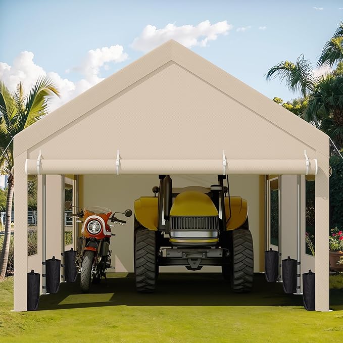 JY QAQA Carport, 12x20 FT Heavy Duty Carport with Removable Side Walls and Doors, Portable Garage with Roll-Up Window and Sandbags, Car Canopy with All-Season Tarp for Cars, Boats, Trucks, Khaki