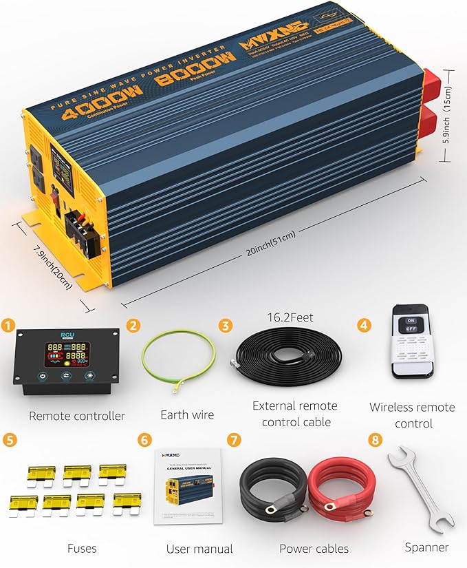 4000W Pure Sine Wave Power Inverter DC 24V to AC 110V 120V for Home RV with Dual AC Outlets 1 USB-C(60W) 3 USB-QC3.0 Fast Car Charger Adapter, LCD Display and Remote Control