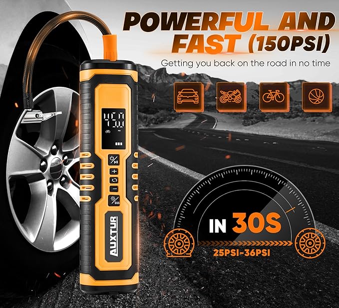 Cordless Tire Inflator for Car with 3 Light Modes and Automotive Power Cords, Electric Air Pump(Type-C) (150PSI)(6000mah Battery), Digital Air Compressor for Motorcycle, Bike, Truck and Ball