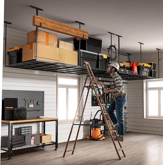 Heavy-Duty 4x8 Overhead Garage Storage Rack – Holds 20% More Weight, 800lbs Capacity, Adjustable Height, 4 Hooks Included for Extra Storage
