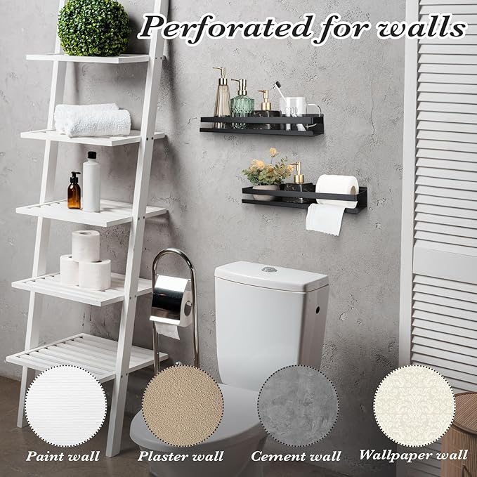 Lallisa 2 Pieces Stainless Steel Shelf Bathroom Shower Floating Shelves Wall Mounted Shower Caddy Basket Shelf Storage Organizer Shelves for Bathroom, Kitchen, Living Room (Black,15.75 Inch/ 40 cm)