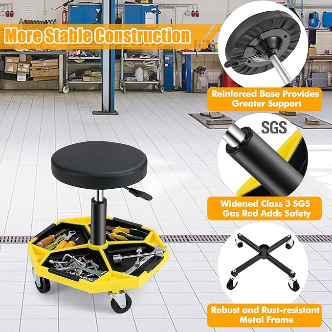 IRONMAX Rolling Mechanic Stool, Adjustable Shop Stool Creeper Seat with Removable Tool Tray, Padded Plush Cushion, Universal Wheels, Heavy Duty Metal Frame, 330 LBS Max Load (Yellow)