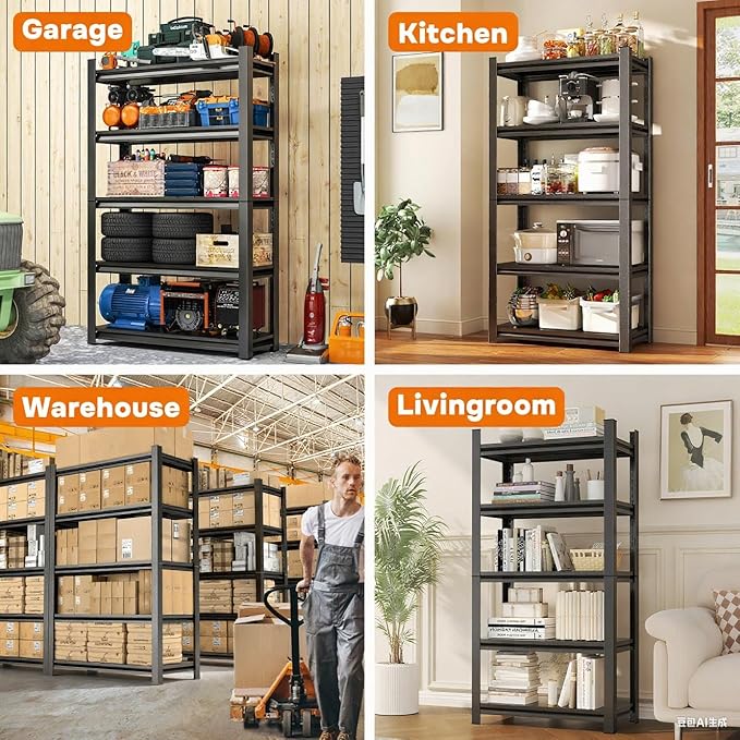 Metal Garage Shelving,48" Wx72 H Heavy Duty Storage Shelves-Easy to Assemble,5 Tier Adjustable 3600 lbs Capacity Metal Storage Utility Rack Shelf Unit for Warehouse Pantry Office Kitchen, Black