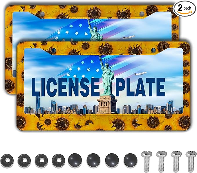 License Plate Protector for Women Yellow License Plate Frames for Men Sunflower Aluminum Metal Car Accessory 2 Pack with Screw Covers Set