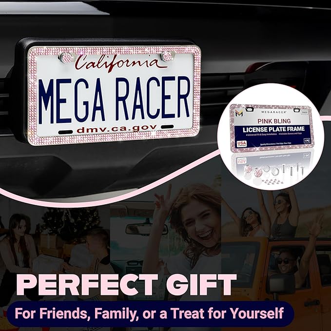 Glamorous Bling License Plate Frame for Women - 1 Pack, 800 Premium Pink Rhinestones, Rust-Free Stainless Steel, Street Legal Slim Design, Sparkly Diamond Car Tag Holder with Glitter Crystal Covers