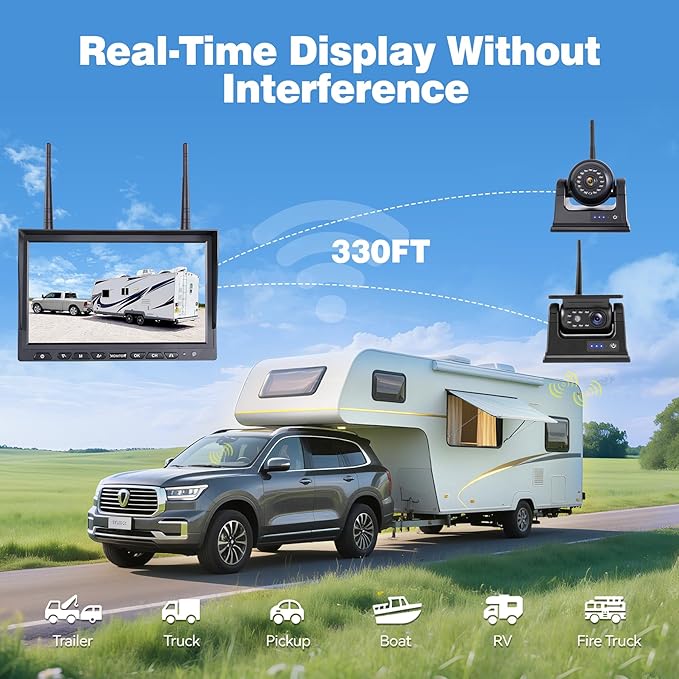 10.1" Magnetic Wireless RV Backup Camera System, 1 Rear Cameras & 2 Side Cameras for Reversing/Monitoring Trailer Camper, 1080P DVR Monitor, 3x9600mAh Waterproof IR Night Vision Cameras, WS3