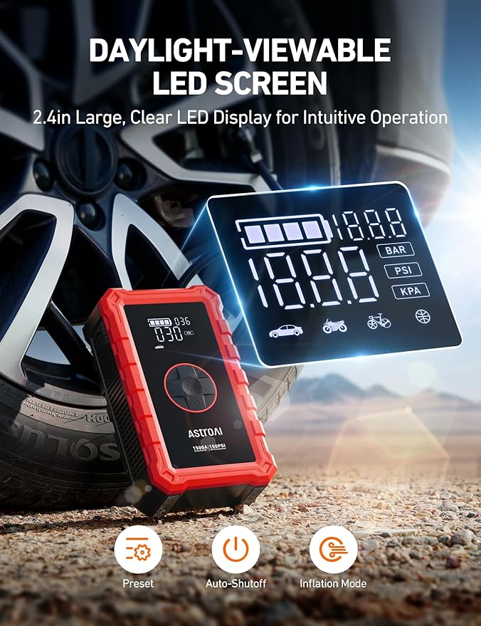 AstroAI S8 Air Jump Starter with Air Compressor, 1500A Peak Car Battery Jump Starter Portable (6.0 Gas/3.0L Diesel) with 150PSI Cordless Auto-Shutoff Tire Inflator, 12V Battery Charger Booster(Red)