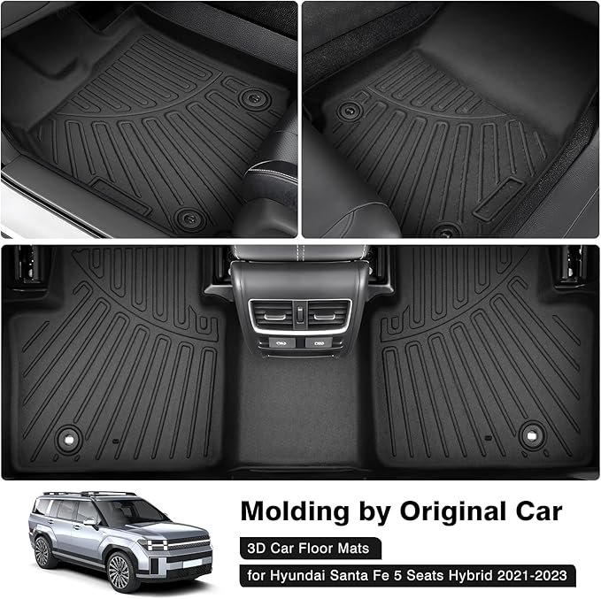 Powerty Floor Mats for 2021-2023 Hyundai Santa Fe 5 Seats (ONLY Hybrid), Custom Fit for Hyundai Santa Fe Accessories, 3D TPE All Weather Car Mats 1st & 2nd Row Heavy-Duty Floor Liners