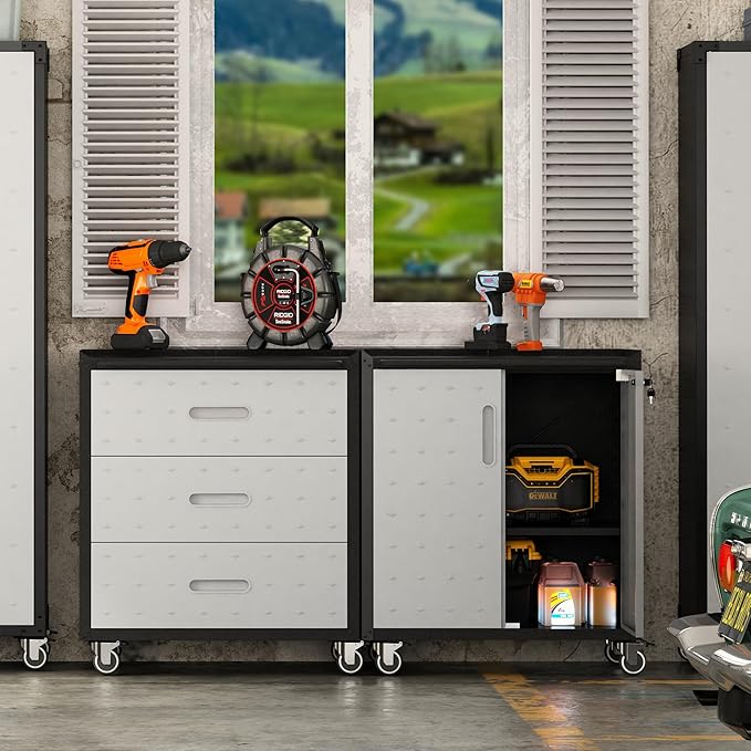 Metal Tool Cabinet,Garage Storage Cabinet System,Wall Cabinet & Locking Rolling Tool Cabinet with Doors and Adjustable Shelves,Steel Tool Cabinets for Home,Office (2 Pcs-StyleC, Black & Grey)