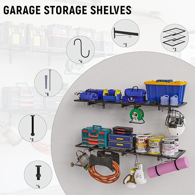 Garage Wall Shelves, 46"X12.5", 1 Shelf, Modern Style, Heavy Duty, Black, 160 LBS Capacity, Garage Storage & Organization System