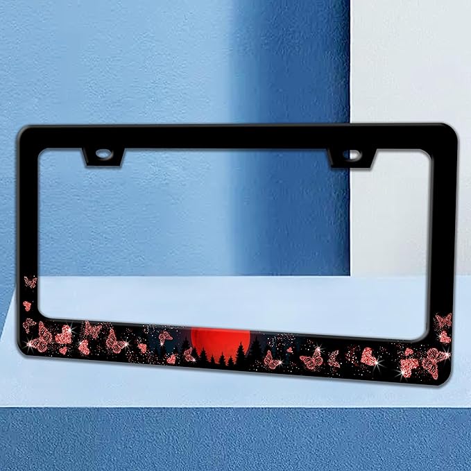 Red Moon Butterfly License Plate Frame Night Forest License Plate Holders Funny Stainless Steel Auto Accessory Bracket 2 Hole with Screws Universal Us Car License Plate Frames 6x12 Inch for Women Men