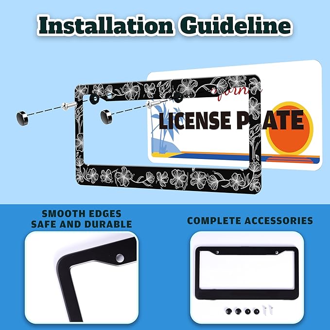 Black and White Line Drawing Flowers License Plate Frame Beautiful Floar License Plate Holder for Front or Rear Car Tags Reusable Stainless Steel Funny Car Decoration with Screws 6.3 X 12.2 in