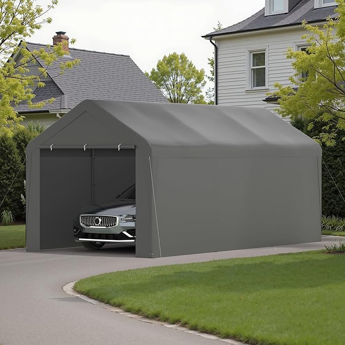 Carport 10x20 Heavy Duty Portable Garage w/Removable Sidewalls & Roll-Up Door Car Canopy Party Tents Waterproof UV Resistant All Weather Car Port for Trucks,Boats(Grey)