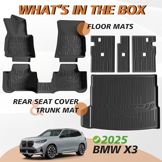 TripleAliners All Weather Liners Compatible with 2025 BMW X3 Accessories TPE Anti-Slip Odorless Custom Fit Floor Liners Rear Trunk Cargo Mat Seat Back Cover(Floor Mats & Trunk Mat & Backrest Mats)