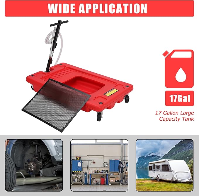 ‌17 Gal Electric Oil Drain Pan, Low Profile Mobile Oil Changing Pan with Hand Pump, 8 Ft Hose & Quick Drain Valve, Leak-Proof Design for Truck Car Motorcycle, Garage Workshop Use
