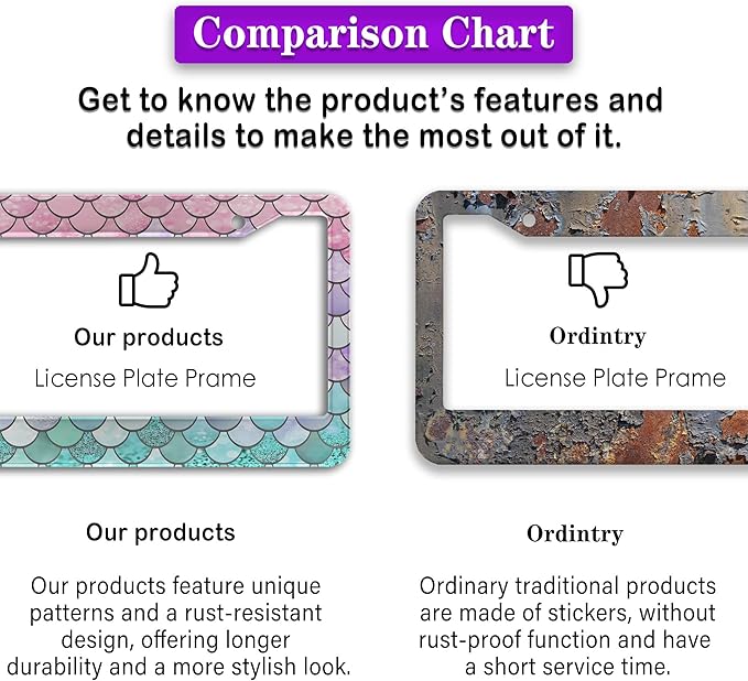 License Plate Frame Holder Pink License Plate Frames for Women Ombre Mermaid Scales Women Aluminum Metal Car Accessory 2 Pack with Screw Covers Set