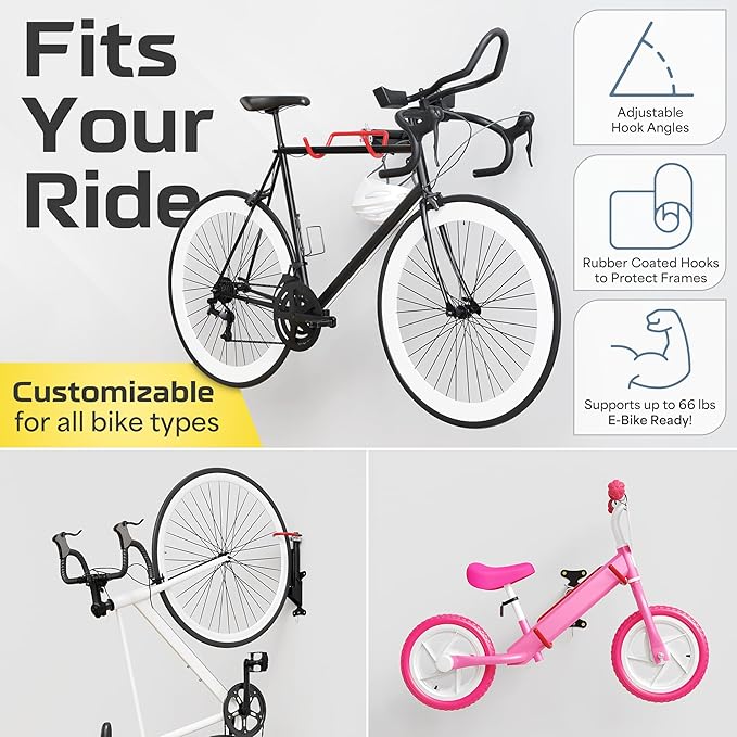 UrbanMount Wall Mount Bike Rack Garage - Mountain Bike Wall Mount Horizontal Vertical Design with 66lbs Cap, Screws, Installation Manual - Secure Road Cycling Holder Storage, Bicycle Hanger for Home