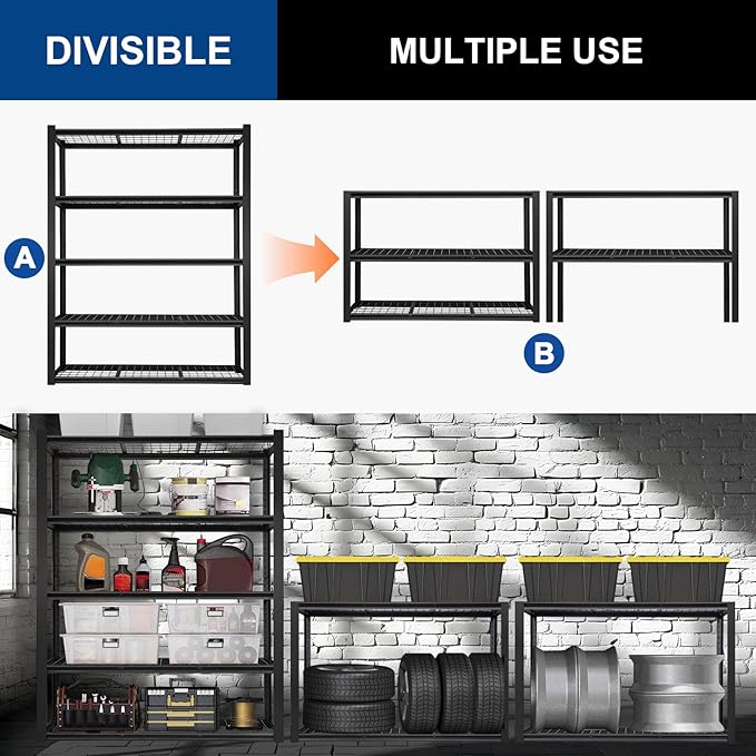 BILT HARD 48" W x 24" D Garage Shelving 3500 LBS, 72" H Storage Shelves, Industrial 5-Tier Heavy Duty Storage Shelves, Steel Shelving with Adjustable Rack, Ideal for Garage, Black