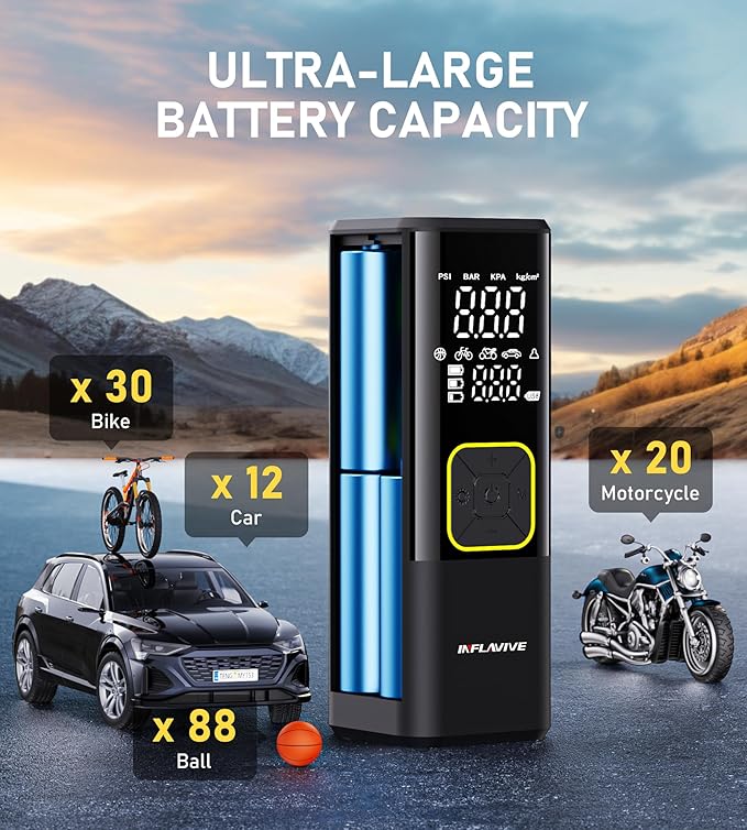 Tire Inflator Portable Air Compressor, InflaVive 3X Fast Inflate Cordless Air Pump for Car Tires with LED Light, 150PSI Portable Electric Pump with Digital Pressure Gauge, for Bike Motorcycle Car Ball