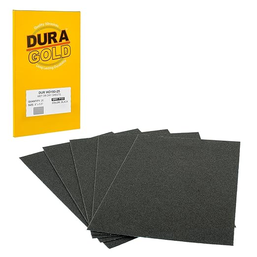 Dura-Gold Premium 150 Grit Wet or Dry Sandpaper Sheets, 5-1/2" x 9", Box of 25 - Coarse-Cut Sanding, Detailing, Polishing Automotive, Woodworking Wood Furniture, Metal Finishing Hand Sand Block Sander
