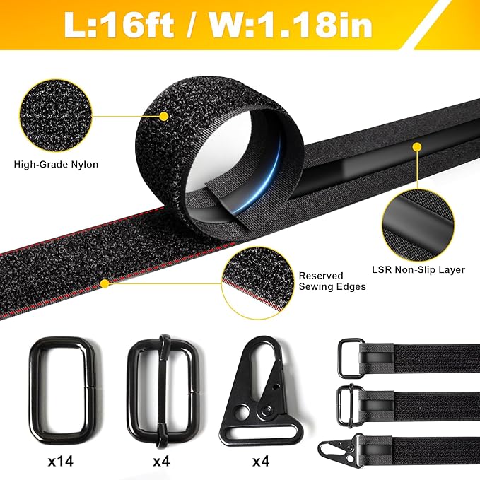 1.18" x 16' Heavy-Duty Fastening & Super Anti-Slip Cinch Straps with 22 Buckles, Black Nylon Hook and Loop, Reusable for Organization & Storage
