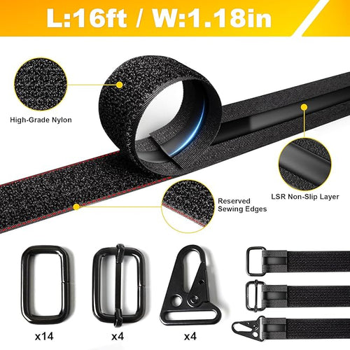 1.18" x 16' Heavy-Duty Fastening & Super Anti-Slip Cinch Straps with 22 Buckles, Black Nylon Hook and Loop, Reusable for Organization & Storage