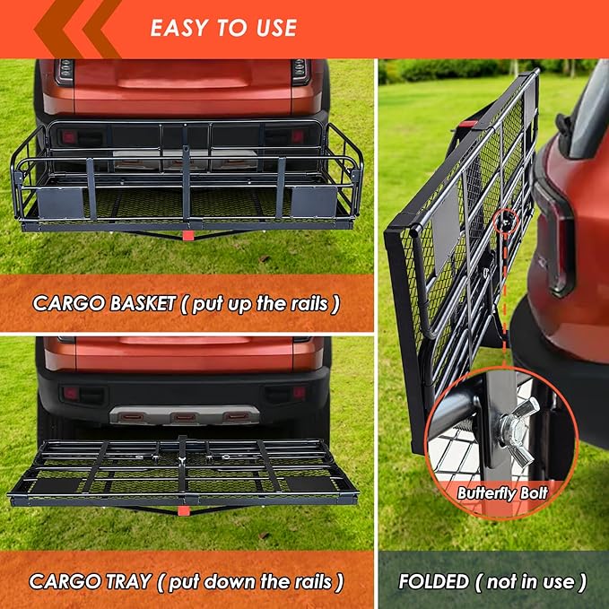 MeeFar High Rail Trailer Folding Hitch Mount Cargo Carrier Basket 60" X 24" X 14"+Waterproof Cargo Bag 20 cu ft(59" 24" 24"), Capacity of 500 Lbs with Hitch Stabilizer, Net, Lock and Straps