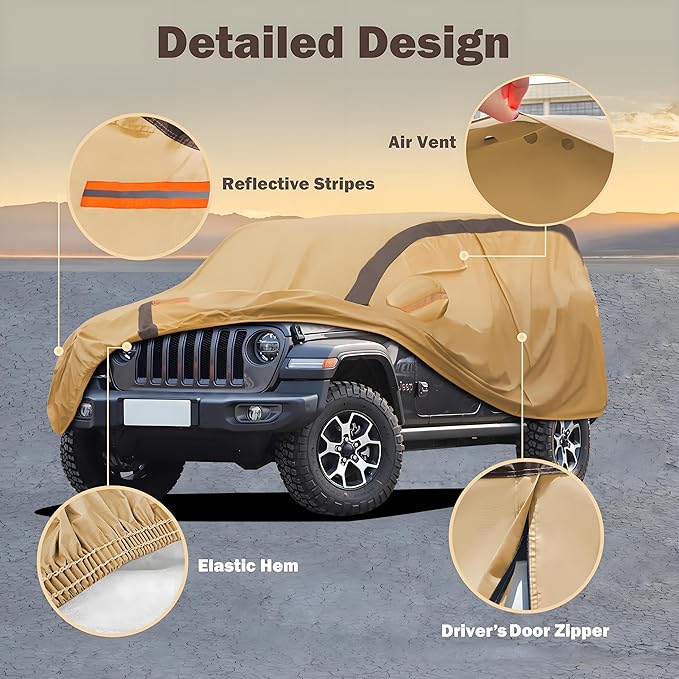 Heavy Duty Waterproof Car Cover Compatible with Jeep Wrangler 4 Doors 2006-2024 JK JL, Outdoor Anti-UV Sun Rain Protection Full Exterior Cover (Camel with Brown)