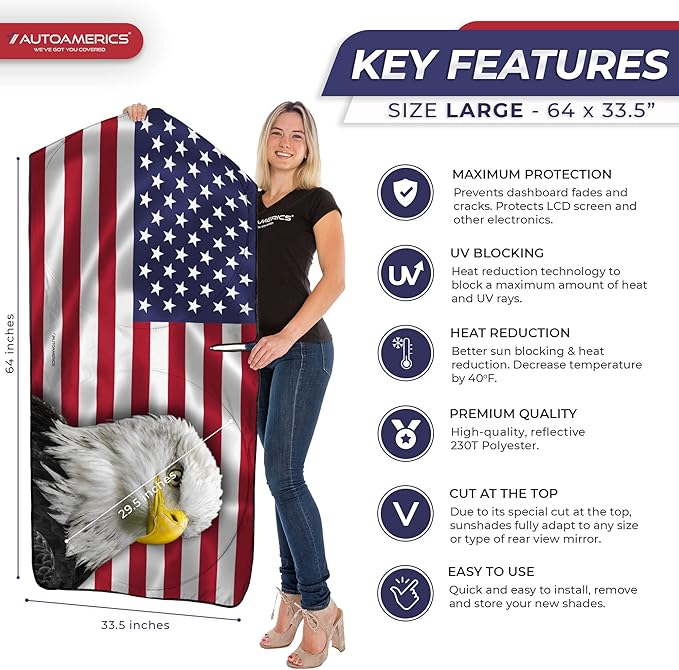 Autoamerics 1-Piece Windshield Sun Shade New American Eagle Flag USA Patriotic Design - Foldable Car Front Window Sunshade for Sedans SUV Truck - Blocks Max UV Rays and Keeps Your Vehicle Cool - Large