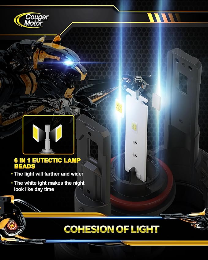 Cougar Motor 9005 H11 Bulbs, HB3 H8 H9 Fog Lights Combo(2 Sets) 6500K White Non-Polarity Fog Bulb or Off-Road Use Plug and Play - Pack of 4