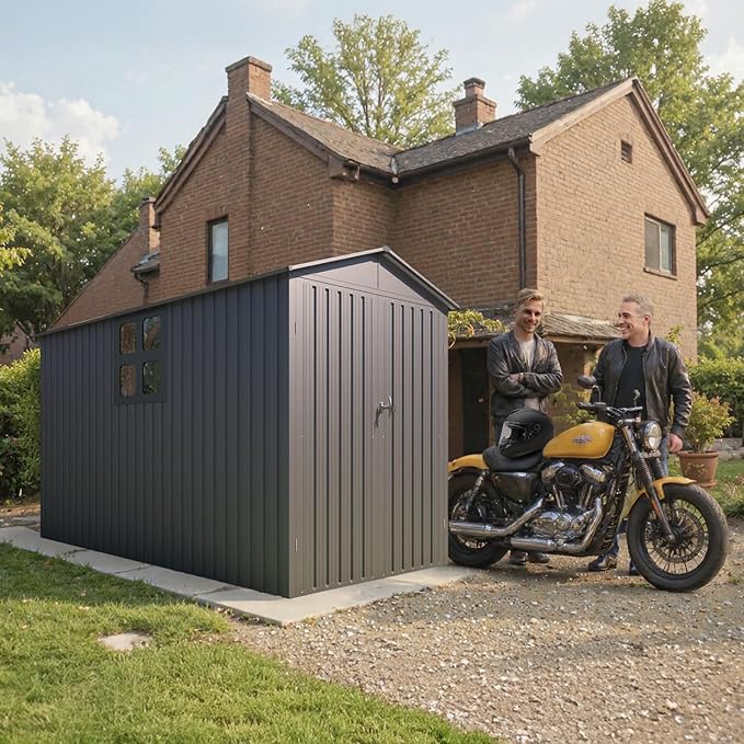 5’ x 10’ Motorcycle Storage Sheds, Metal Shelter & Garage with Windows and Lockable Door Handle, Heavy Duty Vehicle Shed for All Weather, Track System Included, Anthracite