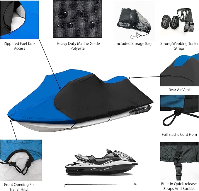 Trailerable Standup Jet Ski Cover, Waterproof Marine Grade 600D Heavy Duty Polyester PWC Cover Blue and Black Color