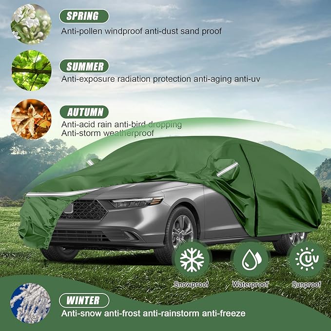 BOSSTONE Car Cover Custom Fit for Honda Accord 2007-2025, for Toyota Camry 1996-2025, Waterproof All Weather for Automobiles Full Exterior Cover Rain Sun Snow Protector with Door Zipper (Green)