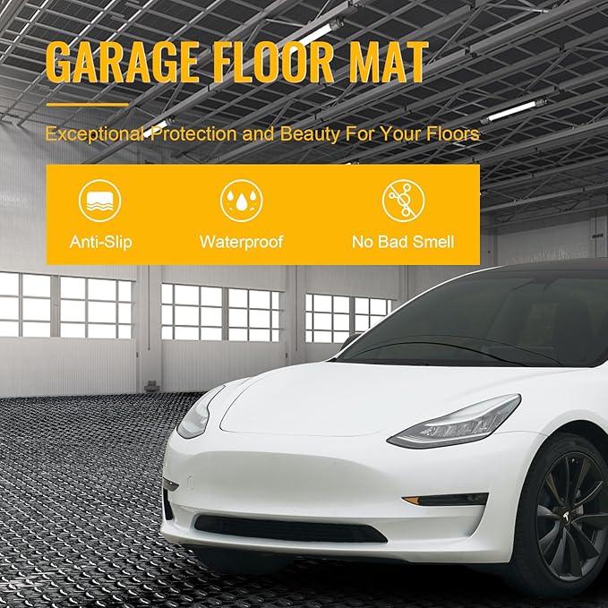 8x20 FT Garage Floor Mat, 2.8mm Thickened Flooring Roll Diamond Plate PVC Rubber Trailer Mat with 20 Pcs Tapes, Non-Slip Floor Protector Mat for Garage, Warehouse, Gyms, Trailer, Black