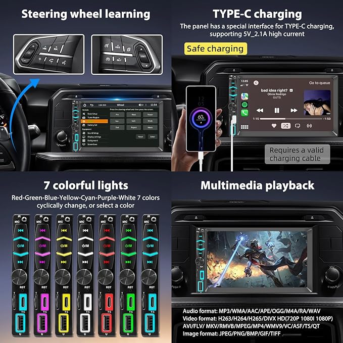 7" Wireless Double Din Car Stereo Apple Carplay Radio Screen for Car Audio Receivers, Bluetooth Car Play Android Auto Touchscreen, Mirror Link, Backup Camera, SWC, AM/FM, AirPlay, Type-C
