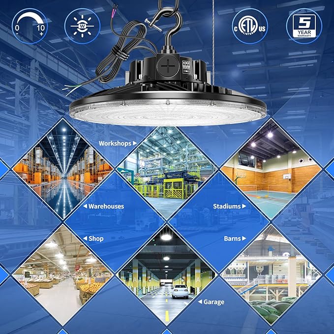 480V LED High Bay Light 300W 240W 200W Adjustable UFO Light 42000LM ETL DLC Listed Dimmable High Bay LED Shop Lights 5000K Daylight IP65 Waterproof Commercial Bay Lighting for Warehouse Factory