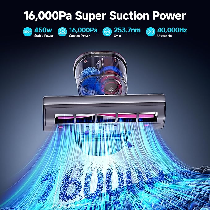 uwant Bed Cleaner with 16Kpa Suction Metal Roller 253.7nm Uv-c Light Mattress Vacuum Cleaner 36000RPM/Min 149℉ Heating HEPA Filter&Ultrasonic Mattress Vacuum for Sofa, Pillow, Bed Throws, Grey