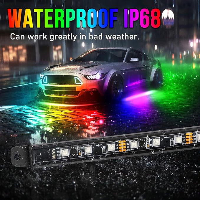 OPP ULITE Car Led Underglow Lights Aluminum Dream Chasing Color Accent Light Bar, RF Remote & APP Control Underglow Light Strip with Red Brake/Yellow Turn Signal/White Reverse Light Kit, 8PC Pack