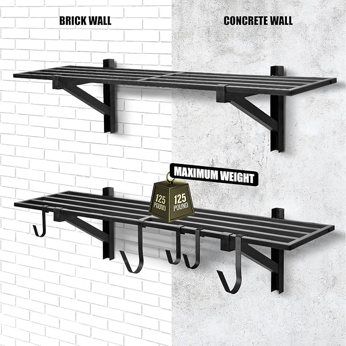 2 Pack Heavy Duty Garage Wall Shelving, 1' x 4' Wall Mount Storage, Holds 200 lbs Each, Garage Shelving Wall Mounted, Storage Rack with Hooks (Black)