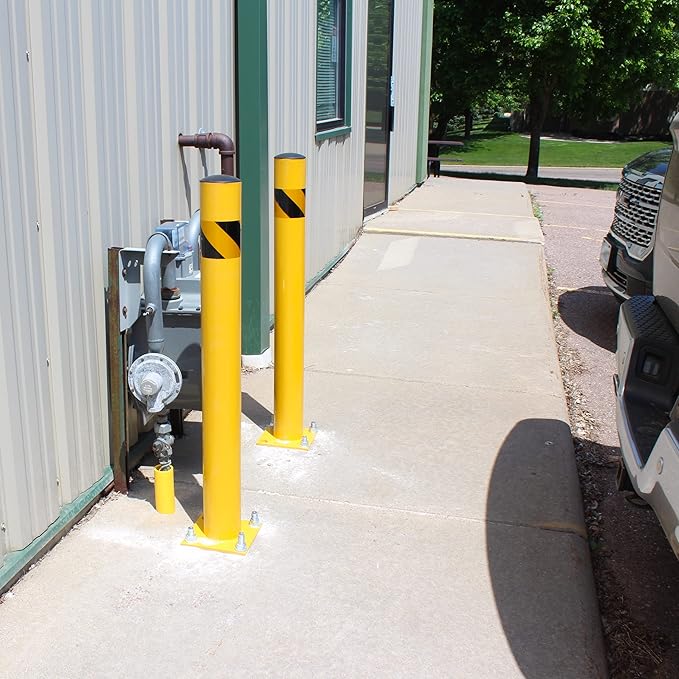 BISupply Safety Bollard Post Parking Barrier 3 Pack - 42in Yellow Pipe Bolt Down Bollard for Garage Lot