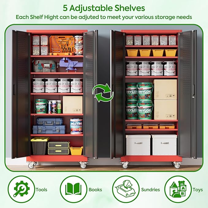 Garage Storage Cabinet with Pegboard and 5 Adjustable Shelves, 71'' x 32'' x 16''Metal Lockable Cabinet with Magnetic Doors,Tool Storage,Home Office Garage,Gym,School (Black-red)