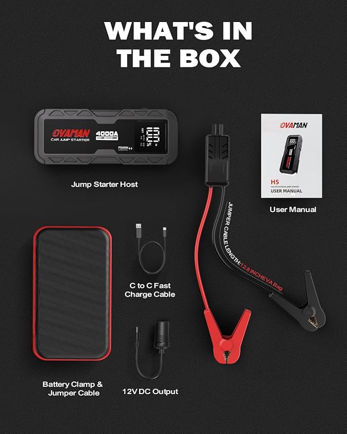 H5 Jump Starter, Portable 4000A Peak Car Battery Jump Starter(All Gas 10L Diesel) 12V Jump Box Auto Battery Pack Starter with Two-Way 65W Quick Charge Type-C Power Bank,LED Light,Jumper Cables