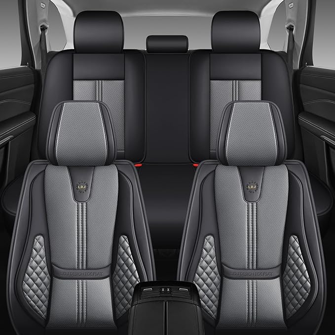 Car Seat Covers Full Set, Black Seat Cover for Cars Compatible Airbag, Easy Install Luxury Leather Automotive Seat Covers with Lumbar Support, for Car, Truck, SUV, Grey