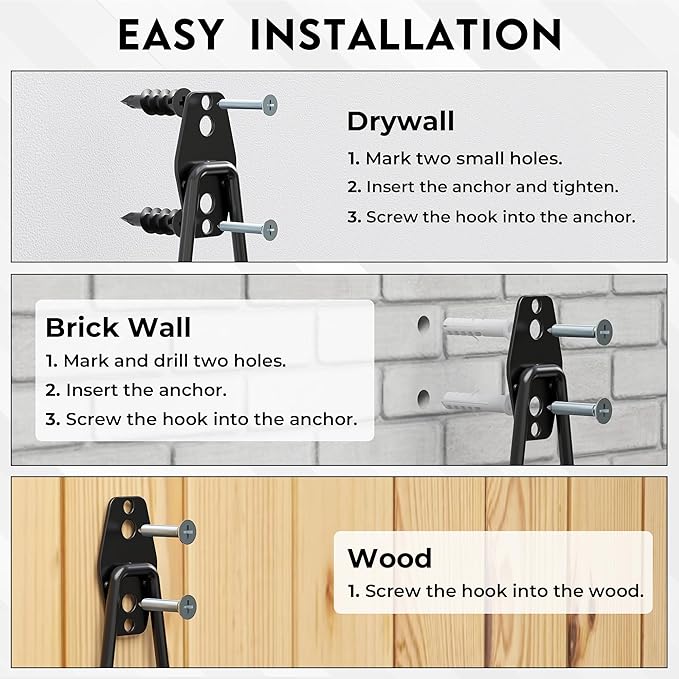 BONTEC Heavy Duty Garage Hooks, Anti-Slip Coated Black Steel with Strong Load Capacity, Multi-Sized U and J Hooks, Easy Wall Mount for Garage, Garden, Workshop (Black, 14 Pack)