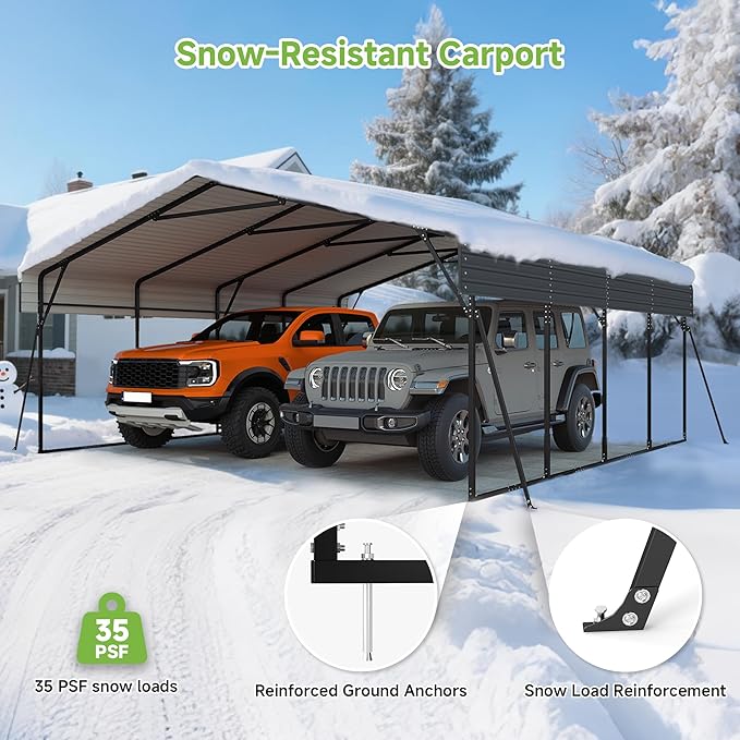 Real Relax 20x20ft Heavy Duty Metal Carport, Galvanized Steel Roof with Removable Sidewalls, 4 Support Legs, Outdoor Car Port Shelter for 2 Car Carport, Trucks and Boats