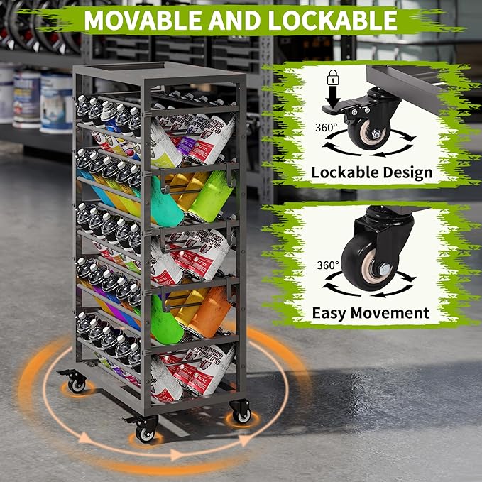 yeshine 50 Can Spray Paint Storage Rack, Metal Aerosol Storage Cart, Rolling Spray Bottle or Lube Holder, Aerosol Can Holder Rack, Paint Bottle Organizer for Garage And Craft Workroom